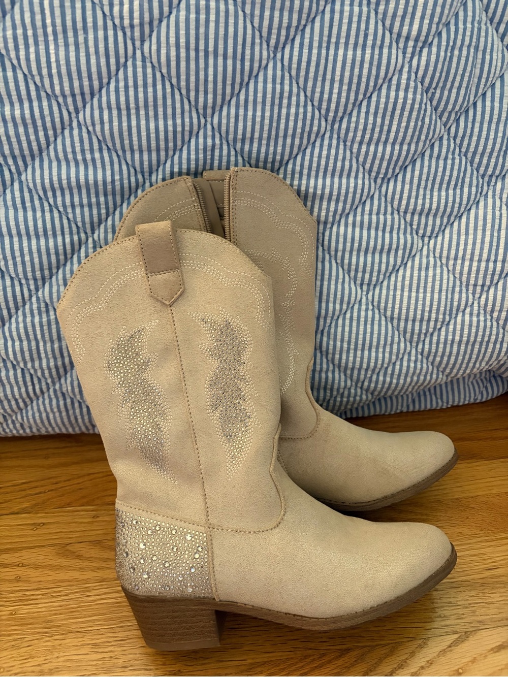 Women's Beige Suede Cowboy Boots with Rhinestone Heel